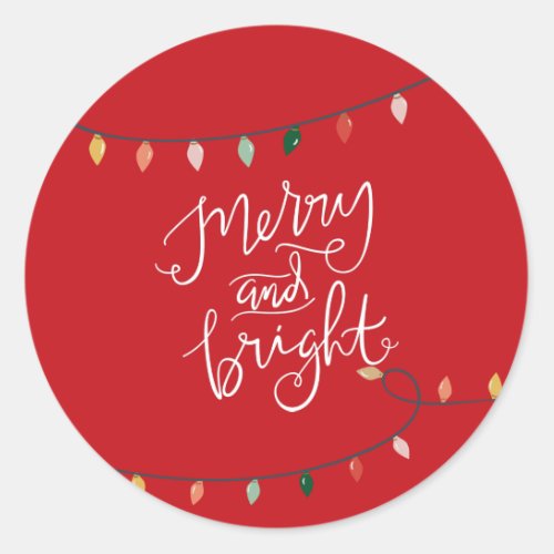 Merry and Bright Colorful String of Lights Red Classic Round Sticker