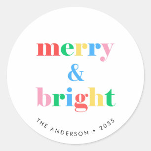 Merry and Bright Colorful Typography Christmas Classic Round Sticker