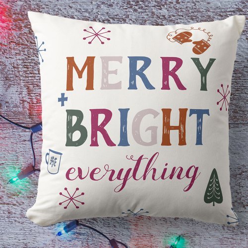 Merry and Bright Colorful Typography Christmas Throw Pillow