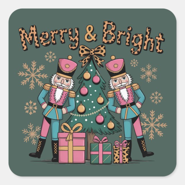 Merry and Bright Coquette Nutcracker Leopard Xmas Square Sticker (Front)