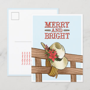 Merry And Bright Cowboy Hat with Flowers Christmas Announcement Postcard