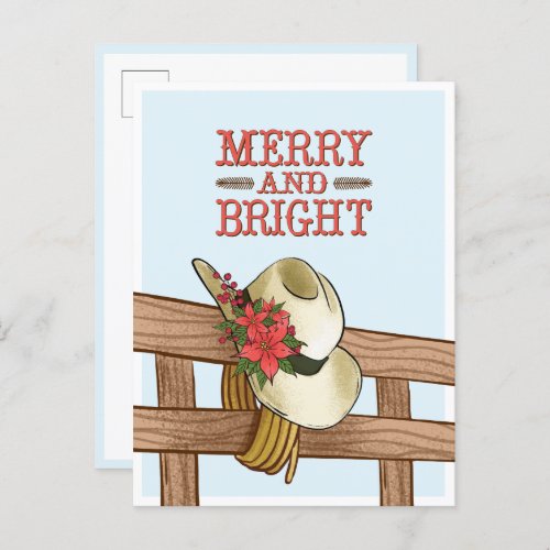 Merry And Bright Cowboy Hat with Flowers Christmas Announcement Postcard
