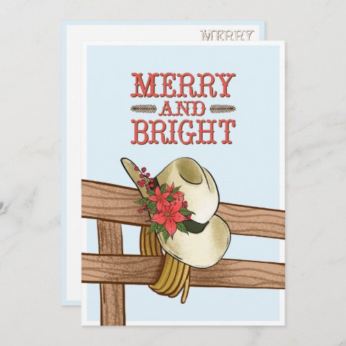 Merry And Bright Cowboy Hat with Flowers Christmas Holiday Card