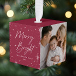 Merry and Bright Cranberry Photo Cube Ornament<br><div class="desc">Modern holiday photo cube ornament featuring "Merry and Bright" displayed in a hand-lettered script encircled by a border of white stars against a cranberry background. Personalize the front of the ornament by adding your family name and the year. Add 3 of your favorite photos to create the perfect keepsake to...</div>