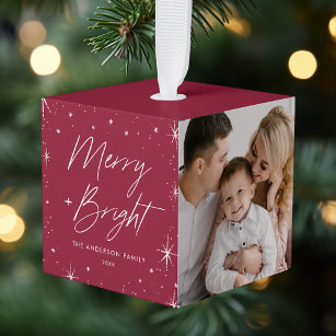 Merry and Bright Cranberry Photo Cube Ornament