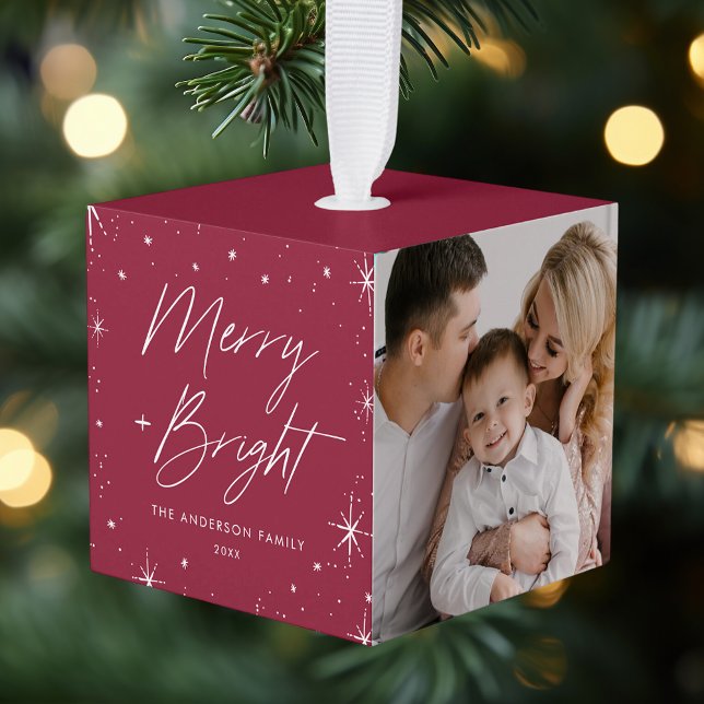 Merry and Bright Cranberry Photo Cube Ornament (Creator Uploaded)