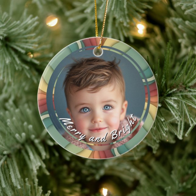 Merry and Bright Custom Child Photo Ceramic Ornament (Tree)