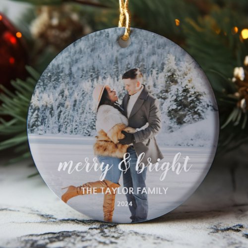 Merry and Bright Custom Couples Photo Christmas  Ceramic Ornament