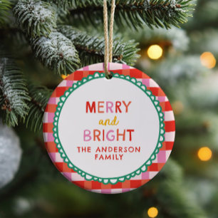 Merry and Bright Custom Holiday Red & Pink gingham Ceramic Ornament