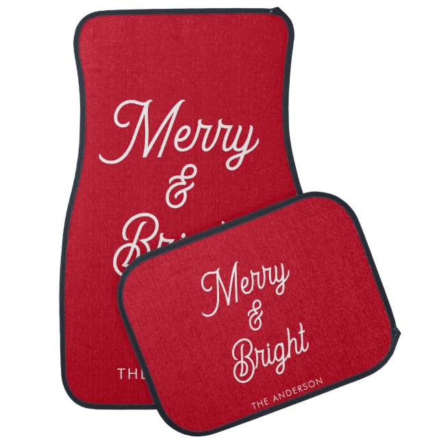 Merry and Bright Custom Name Red  Car Floor Mat (Set)