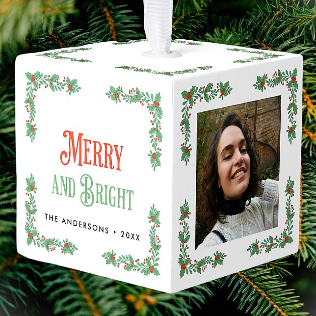 Merry And Bright Custom Photo Text Christmas Cube Ornament (Creator Uploaded)