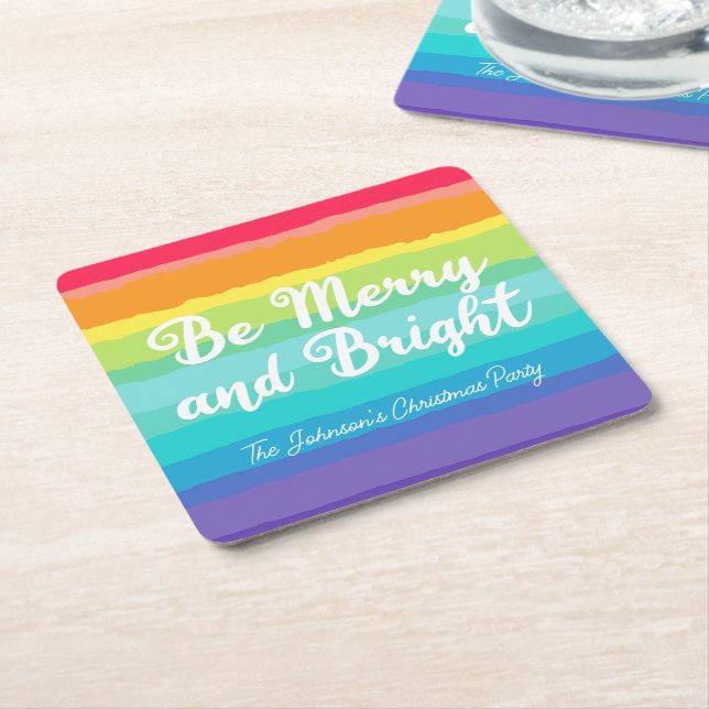 Merry and Bright Custom Rainbow Christmas Party Square Paper Coaster (Angled)