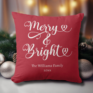 Merry and Bright Custom Red Christmas Throw Pillow