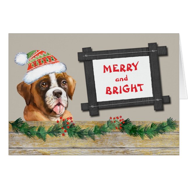 Merry and Bright Cute Boxer Dog Christmas Cards (Front Horizontal)
