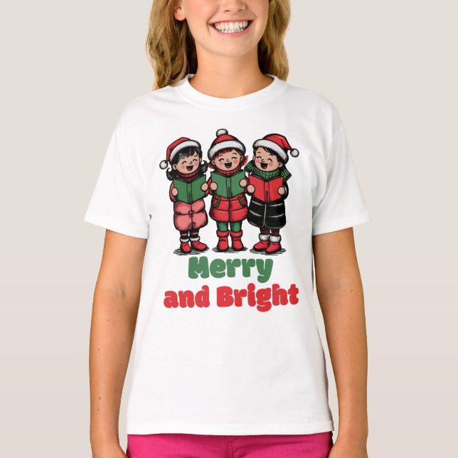 Merry and Bright, Cute Christmas Kids T-Shirt (Front)