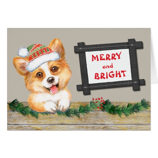 Merry and Bright Cute Corgi Dog Christmas Cards (Front Horizontal)