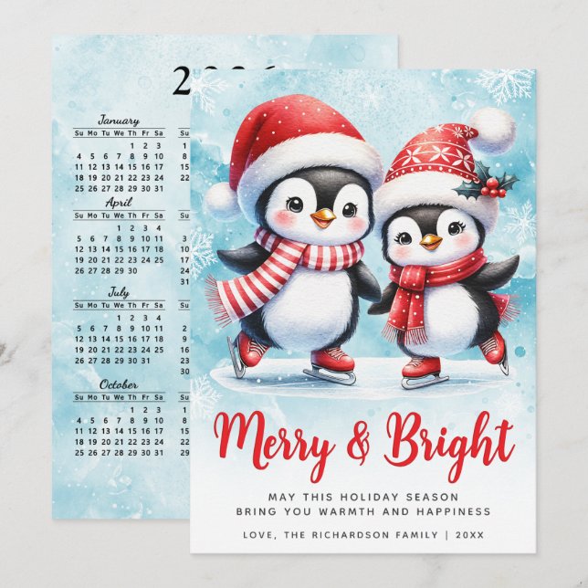 Merry and Bright Cute Penguin Blue Red Christmas Holiday Card (Front/Back)