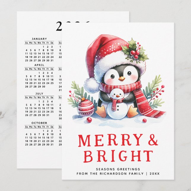 Merry and Bright Cute Penguin Modern Christmas Holiday Card (Front/Back)