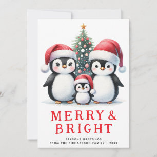Merry and Bright Cute Penguins White Red Christmas Holiday Card