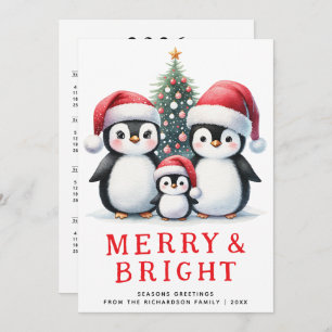 Merry and Bright Cute Penguins White Red Christmas Holiday Card