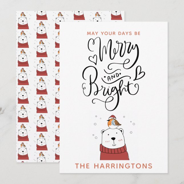 Merry And Bright Cute Polar Bear Christmas  Holida Holiday Card (Front/Back)