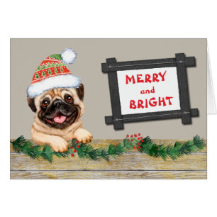 Merry and Bright Cute Pug Dog Christmas Card