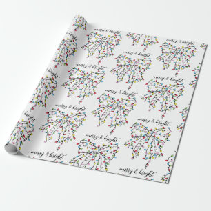 Merry And Bright Cute Ribbon Christmas Lights Wrapping Paper