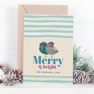 Merry and Bright Cute Winter Birds Christmas Holiday Card