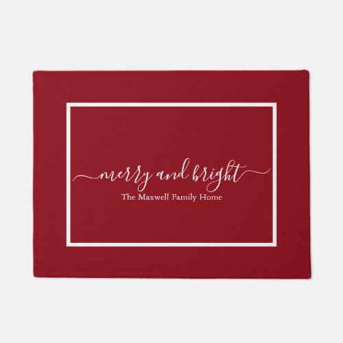 merry and bright dark red white family name doormat
