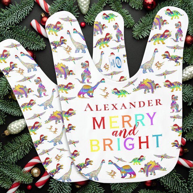 Merry and Bright Dinosaur Personalized Name Baby Bib (Merry and bright cute colorful dinosaur Christmas personalized baby bib)