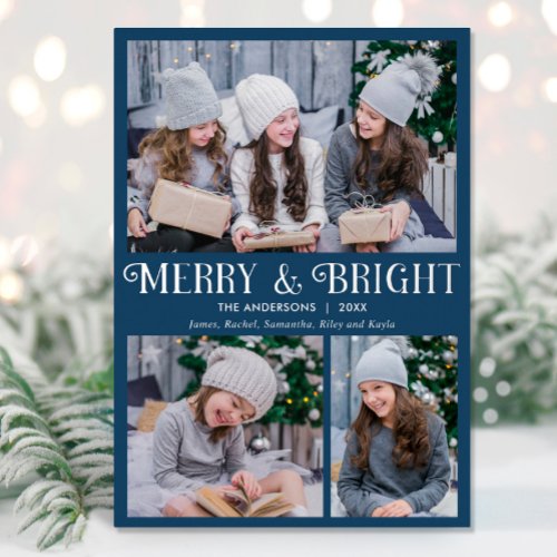 Merry and Bright Elegant blue silver foil 3 photo Foil Holiday Card