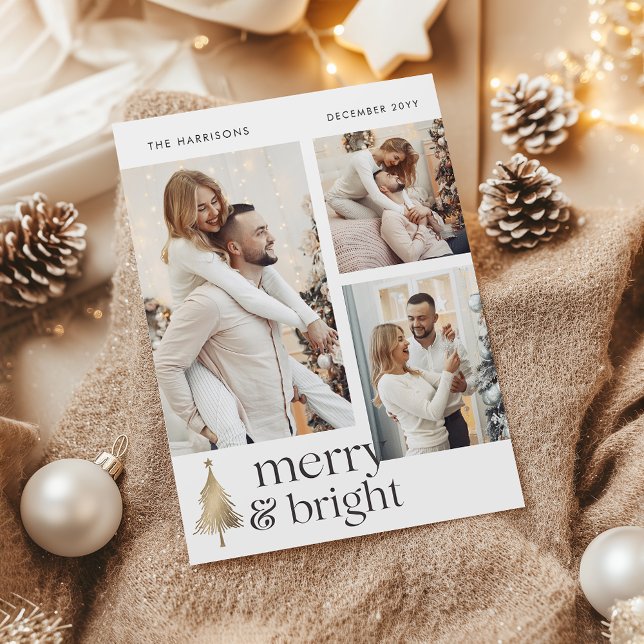 Merry and Bright Elegant Christmas Photo Collage Holiday Postcard (Creator Uploaded)