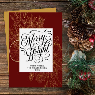 Merry and Bright Elegant Citrus Pine Bough Gold Foil Holiday Card