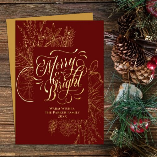 Merry and Bright Elegant Citrus Pine Bough Gold Foil Holiday Card