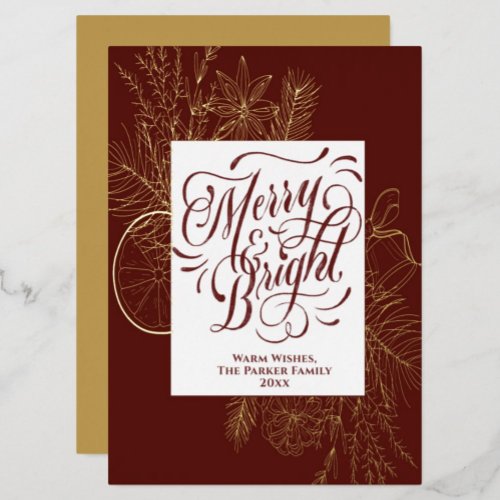 Merry and Bright Elegant Citrus Pine Bough Gold Foil Holiday Card