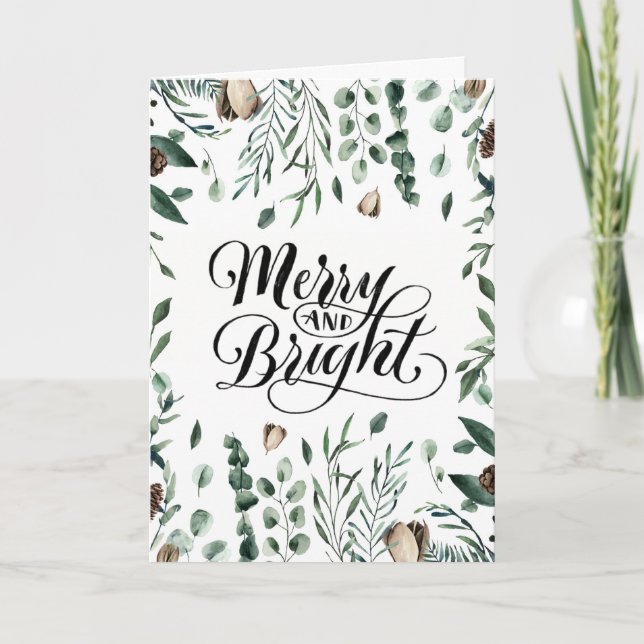 Merry And Bright Elegant Script Magnolia Greenery Holiday Card (Front)