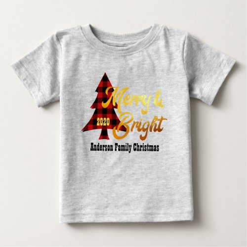Merry And Bright Family Christmas Gold Plaid Tree Baby T_Shirt