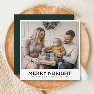 Merry and Bright Family Christmas Photo Green Holiday Card
