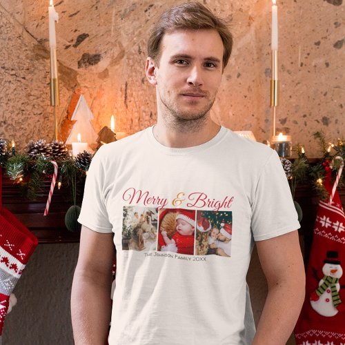 Merry and Bright family christmas photos script  T_Shirt