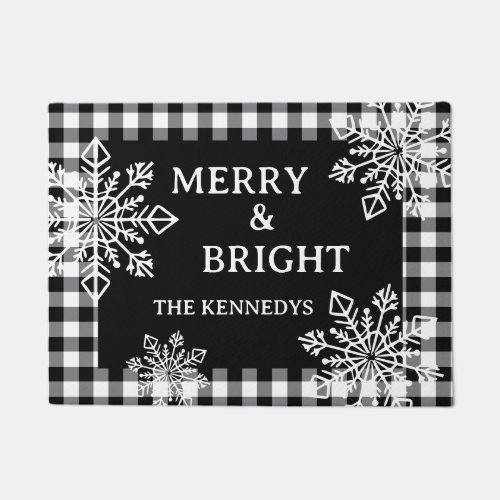 Merry And Bright Family Name Black Plaid Snowflake Doormat