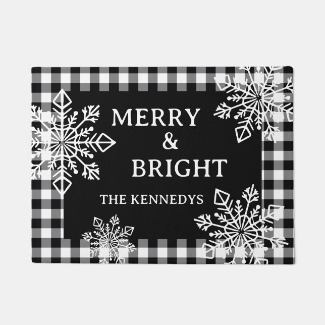 Merry And Bright Family Name Black Plaid Snowflake Doormat (Front)