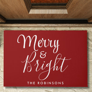 Merry and Bright Family Name Red Holiday Doormat