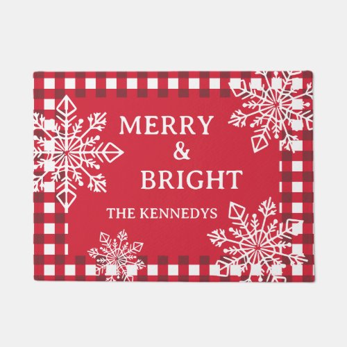 Merry And Bright Family Name Red Plaid Snowflake Doormat