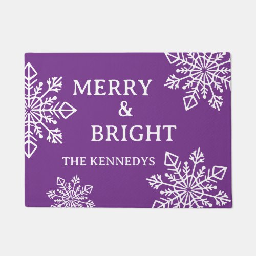 Merry And Bright Family Name Snowflake Purple Doormat