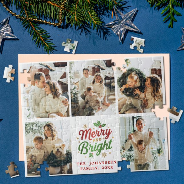 Merry and Bright Family Photo Collage Christmas Jigsaw Puzzle (Creator Uploaded)