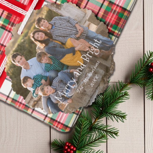 Merry and Bright Family Photo Ornament Card (Creator Uploaded)