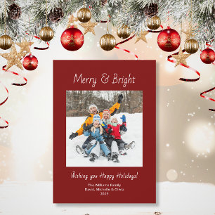 Merry and Bright Family Photo Red Christmas Holiday Card