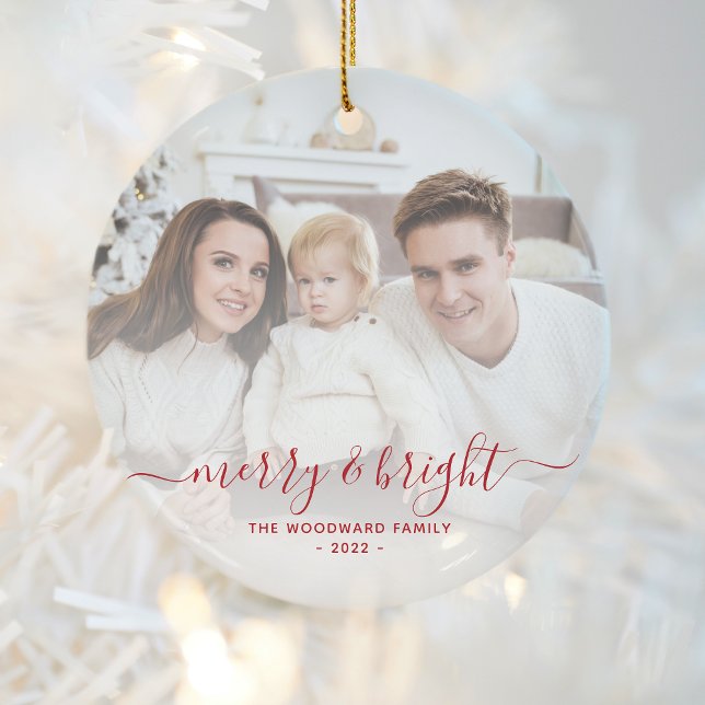 Merry and Bright Family Photo Red Script Ceramic Ornament (Creator Uploaded)