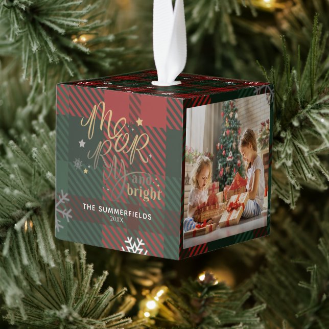 Merry and Bright Family Photos Christmas Holidays Cube Ornament (Tree)