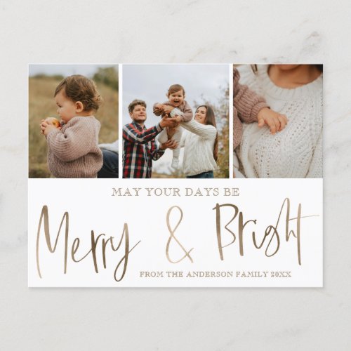 Merry and Bright Faux Gold 3 Photo Christmas Postcard